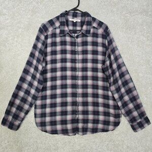 Xirena Shirt Womens L Gray Pink Plaid Cotton Button Up Relaxed Fit